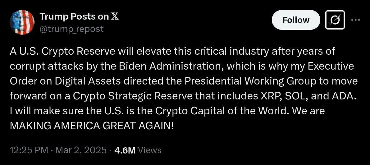 Trump tweet about crypto policy